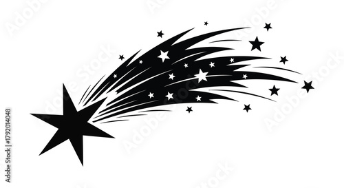 Black silhouette of a shooting star with a trailing tail of smaller stars and cosmic dust against a white background