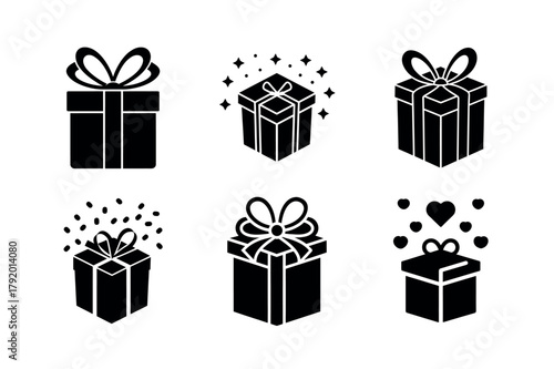 Gift Box Icon Set. Vector Collection of Present, Surprise, and Ribbon Icons in Black Glyph Silhouette Style