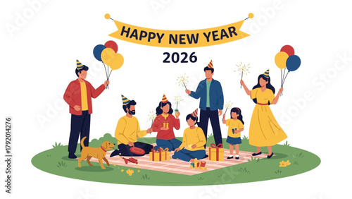 New Year's Eve Picnic: A festive gathering of a family is celebrating New Year's Eve, sitting on picnic blanket in the park. Colorful balloons and gifts add to the joyful atmosphere.