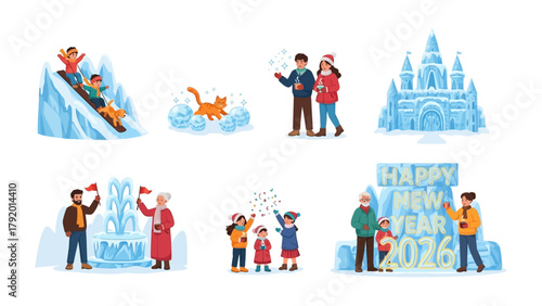 Winter Wonderland Festivities: A collection of vibrant illustrations showcasing the joyful spirit of winter, capturing scenes of family fun and frosty celebrations. 