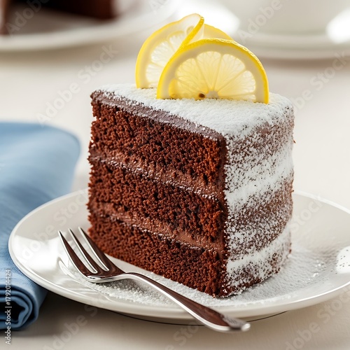 Delicious Chocolate Cake Slice with Lemon Garnish.