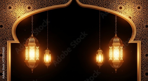 Elegant Ramadan Background with Golden Lanterns and Islamic Pattern Design