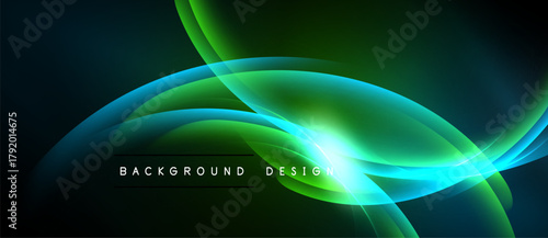 Abstract flowing lines, vibrant green hues, dark background. Modern design element, luminous effect, smooth gradients present.