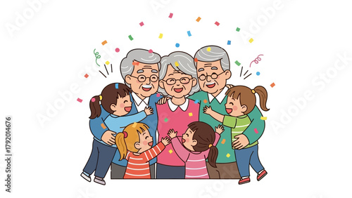Family gathering celebrating with confetti: A heartwarming illustration of a family, bringing the spirit of togetherness in a festive atmosphere, celebrating a special occasion with colorful confetti.