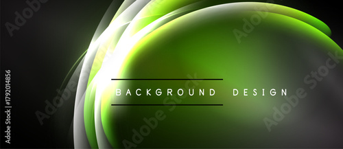 Abstract green light layers create dynamic background. Smooth curves, glowing effect, modern design elements present.