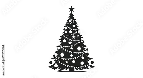 Silhouette of a decorated christmas tree with lights and ornaments on a white background