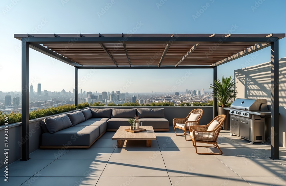 Obraz premium Modern rooftop terrace with sectional sofa, chairs, and barbecue grill. Cityscape view from outdoor patio with pergola on sunny day. Comfortable urban living space.