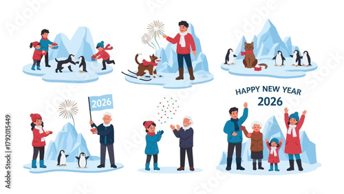 New Year Celebration in the Cold: Capture the spirit of the New Year's joy and festive environment in the frigid embrace of a winter wonderland. It features the happy family.