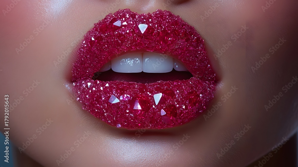 Obraz premium Creative lip art with pink crystalline sugar on model's lips showcasing unique makeup design