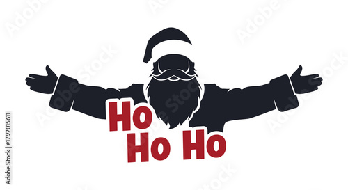 Silhouette of santa claus with arms outstretched and ho ho ho text in red festive lettering