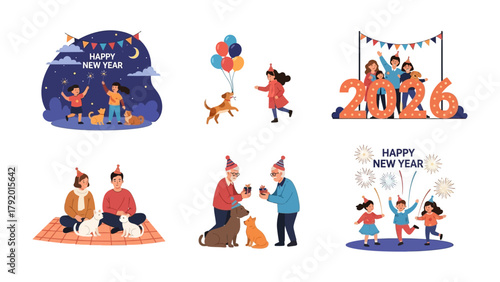 New Year's Celebration: A collage of festive scenes, celebrating the arrival of the new year with people, balloons, pets, and decorations. Each scene encapsulates the joy, anticipation.