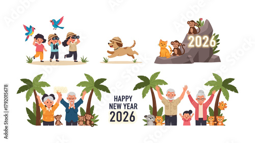 New Year Wishes 2026: A vibrant and colorful illustration conveys the spirit of a new beginning, as various scenes portray joy, exploration, and celebration with the backdrop of the year 2026.