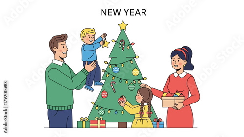 Family Joy in Decoration: A heartwarming illustration depicts a family's shared joy as they decorate a Christmas tree, creating memories together during the festive season.