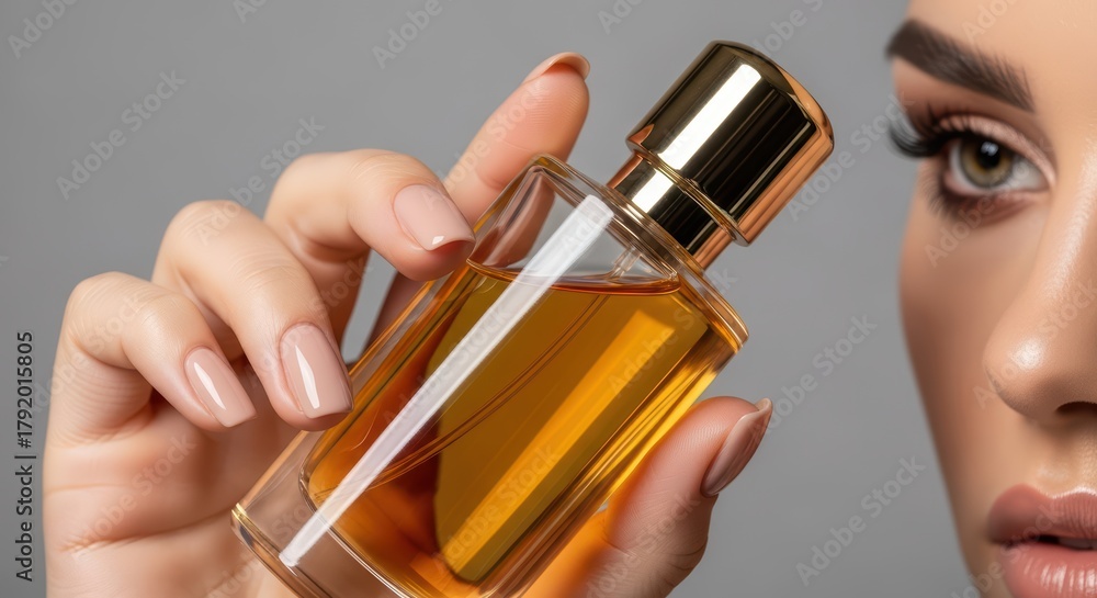 Fototapeta premium Elegant female hand holding perfume bottle with golden cap on gray background