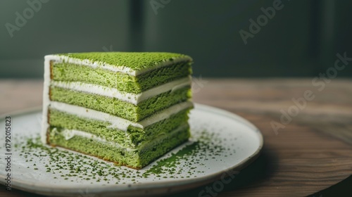 A slice of matcha cake on a white plate. The cake has multiple layers with green tea flavor and is garnished with matcha powder.
