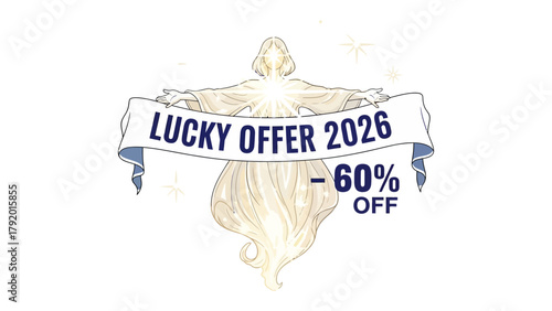 Lucky Offer Design: A promotional banner features the text LUCKY OFFER 2026 -60% OFF, with an ethereal figure. It's a visually striking design for a marketing campaign.
