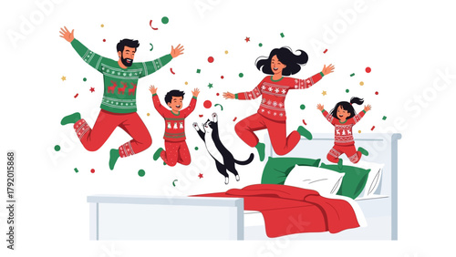 Joyful Family Christmas Jump: A cheerful family, adorned in matching festive attire, joyfully leaps high above their bed, surrounded by celebratory confetti.