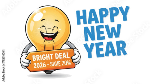 Bright Idea for the New Year: A cheerful light bulb mascot extends an optimistic greeting of 'Happy New Year', accompanied by the promise of a bright deal and savings. This vibrant image.