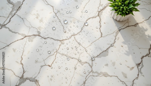 Elegant White Marble Surface with Water Drops and Potted Green Plant in Sunlit Space