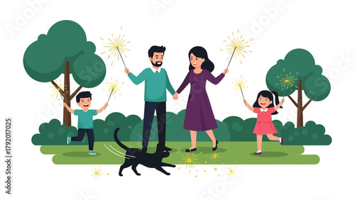 Family's Sparkler: Capture a joyful moment of a family enjoying fireworks together, creating a vibrant scene of togetherness and happiness.