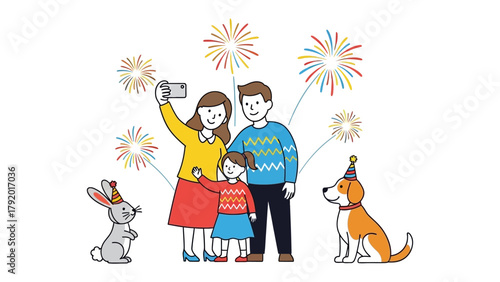 Celebratory Family Moment: Capturing the joyous spirit of togetherness, a family and their pets commemorate a special occasion amidst colorful bursts of fireworks, sharing a memorable moment.
