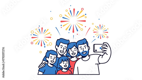 Family Celebrates: Capturing a joyful family moment, a group poses for a selfie, illuminated by a vibrant display of festive fireworks, celebrating togetherness and creating lasting memories.