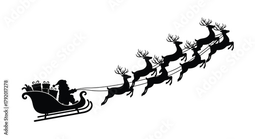 Silhouette of santa claus in his sleigh pulled by reindeer against a white background