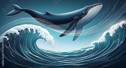 Fototapeta Naklejka Na Ścianę i Meble -  A drawing of a whale jumping over a wave in the ocean with a blue background and white line details