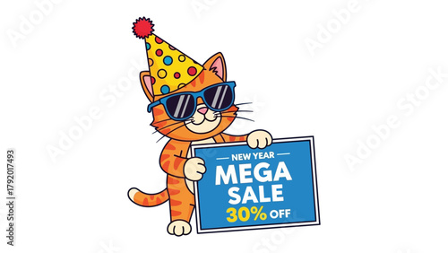 New Year Mega Sale: A cheerful cartoon cat sporting party attire and shades, advertising a New Year mega sale, showcasing irresistible deals to bring festive cheer and irresistible offers