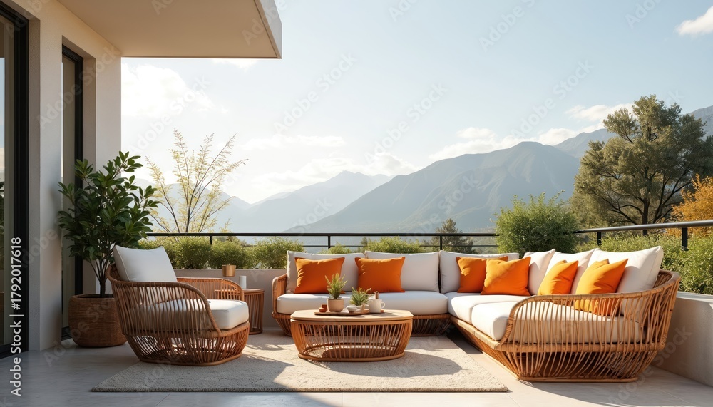 Obraz premium Stylish outdoor balcony area with mountain view. Rattan furniture white cushions orange pillows create cozy atmosphere. Sunny day terrace design lounge space. Plants enhance natural vibe relax.