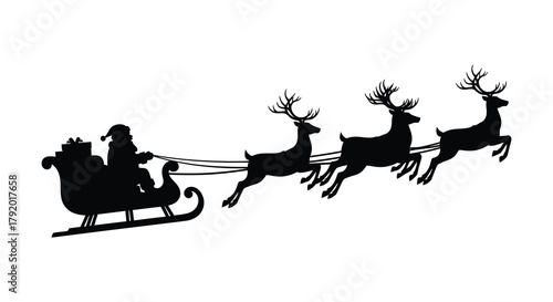 Silhouette of santa claus in his sleigh pulled by reindeer flying across a white background