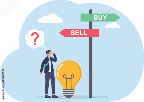 illustration of choosing between BUY or SELL business ideas and innovations
