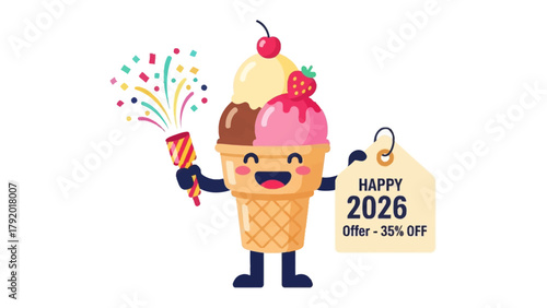 Cheerful Ice Cream Delight with a Special Offer: An animated ice cream cone with vibrant colors and joyful expression, offering a special discount for the year 2026.