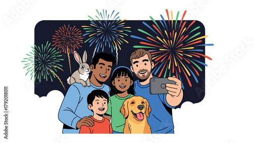 Celebration Under Fireworks: Family embraces joyous moment, immortalizing the vibrant spectacle of fireworks. This scene captures the essence of happiness and togetherness.