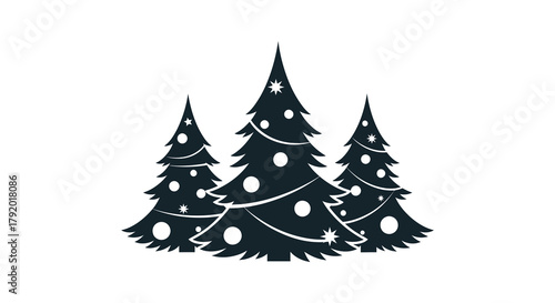 Stylized dark silhouette of three decorated christmas trees with glowing lights and garlands on white background