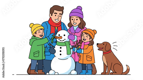 Family's Snowy Creation: A warm family is building a snowman together in winter, creating a bond of joy and creating the joyful moment.