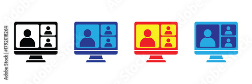 Video conference icons on computer monitor for online meetings and remote communication. isolated on white background