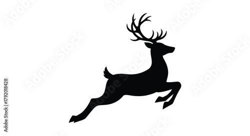 Silhouette of a majestic stag with large antlers leaping gracefully against a white background