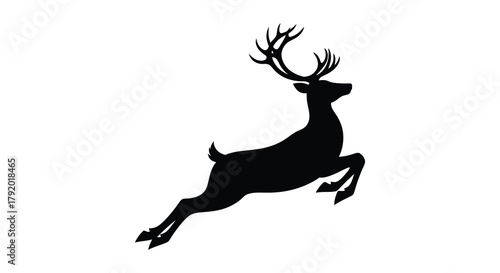 Silhouette of a majestic stag with large antlers leaping gracefully against a white background
