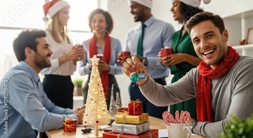 Happy diverse business team celebrating Christmas in office, young man holding festive tech ornament, joyful holiday party