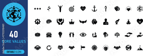 Core values icon set. Including Honesty, Loyalty, Fairness, Compassion, Dedication, Pride, Service, Safety, Unity, Excellence. vector illustration