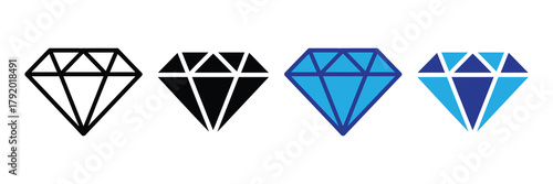 Set of four diamond icons: outline, solid, blue outline, and two-tone blue versions isolated on white background