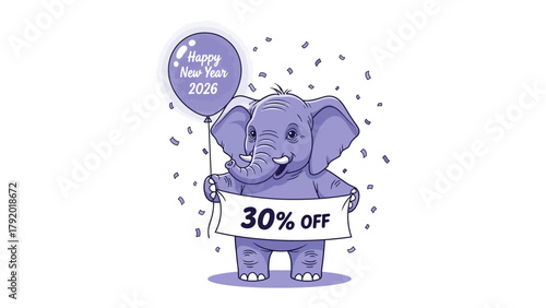 Happy New Year Elephant Discount: An adorable cartoon elephant, adorned with a festive balloon, joyfully announces a 30% OFF offer, ushering in the New Year with a playful promotion. 