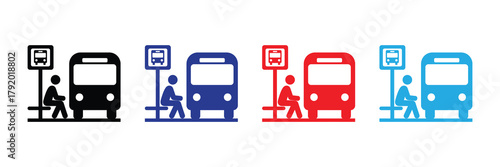 Flat bus stop icons featuring person waiting and a bus in various colors set isolated on white background