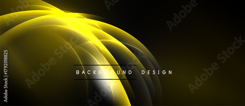 Dark backdrop features golden curved lines forming abstract shape. Bright glow emanates from center, creating dynamic visual effect.