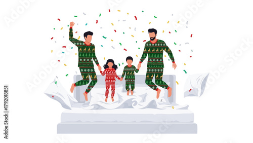 Family Fun and Festivity: A joyful family leaps together, embracing a vibrant moment filled with confetti and cheerfulness, illustrating the heartwarming bonds of love and unity.