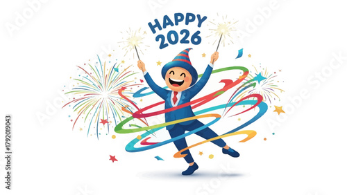 Happy New Year 2026: A cheerful character joyfully celebrates the New Year, igniting sparklers amidst a burst of colorful fireworks and streamers, representing new beginnings and joyful celebrations.