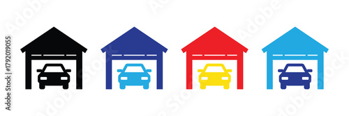 Colorful car garage icons set: parking, auto storage, property, and vehicle symbol collection. isolated on white background