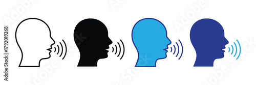 Voice speech communication icon set, human head profile with sound waves, talk and speak isolated on white background