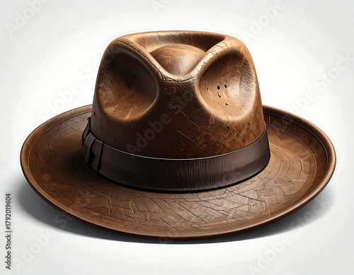 Close-up of a weathered brown leather fedora hat on a white backdrop